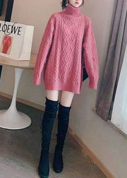 Stylish Rose Hign Neck Patchwork Thick Knit Sweater Dress Winter