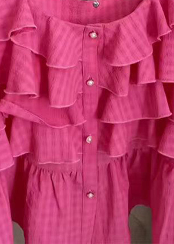Stylish Rose Slash Neck Ruffled Patchwork Cotton Tops Flare Sleeve