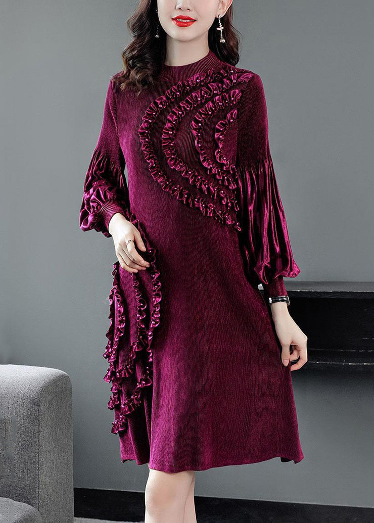Stylish Rose Turtleneck Ruffled Patchwork Silk Velour Long Dress Fall