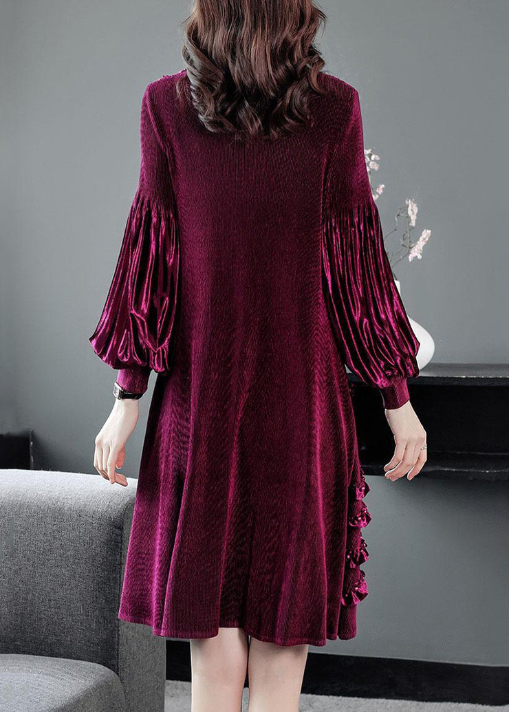 Stylish Rose Turtleneck Ruffled Patchwork Silk Velour Long Dress Fall