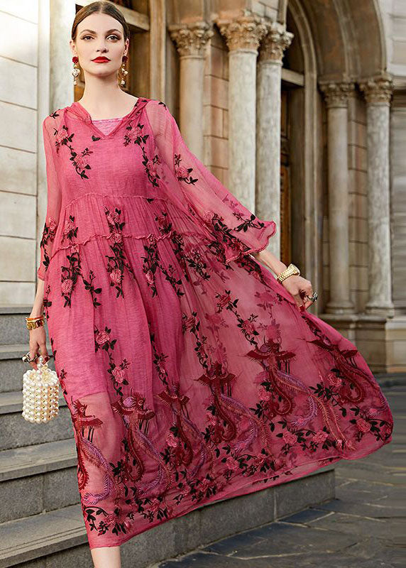 Stylish Rose V Neck Embroidered Hooded Silk Two Pieces Set Dresses Summer