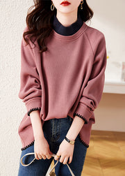 Stylish Rubber Red Stand Collar Patchwork Cotton Pullover Sweatshirt Spring