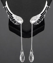 Stylish Silver Color Angel Wings Crystal Metal Tassel Drop Earrings