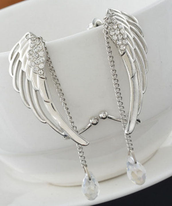 Stylish Silver Color Angel Wings Crystal Metal Tassel Drop Earrings