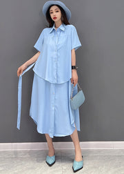 Stilvolles festes blaues Peter-Pan-Kragen-Patchwork-Chiffon-Fälschungs-zweiteiliges Hemdkleid mit kurzen Ärmeln