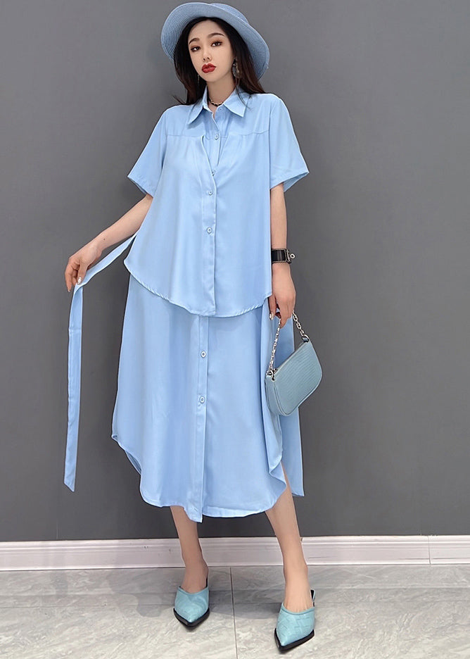 Stilvolles festes blaues Peter-Pan-Kragen-Patchwork-Chiffon-Fälschungs-zweiteiliges Hemdkleid mit kurzen Ärmeln