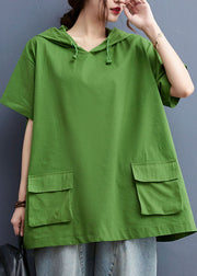 Stylish Solid Green Drawstring Hooded Pockets Cotton Loose Sweatshirt Tops Short Sleeve