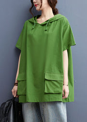 Stilvolles, einfarbiges, grünes Kapuzen-Taschen-Baumwoll-Lose-Sweatshirt mit kurzen Ärmeln