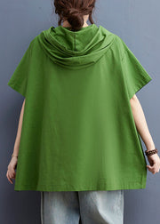 Stylish Solid Green Drawstring Hooded Pockets Cotton Loose Sweatshirt Tops Short Sleeve