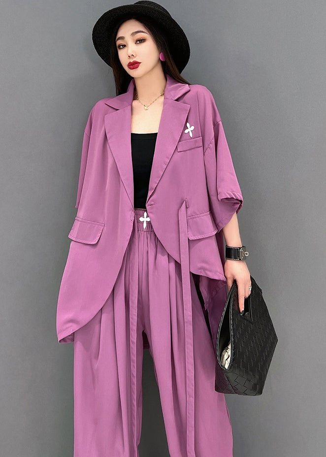 Stylish Solid Purple Notched Collar Tie Waist Low High Design Chiffon Two Pieces Set Summer