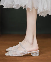 Stylish Splicing Chunky Beige Nail Bead Tulle Slide Sandals