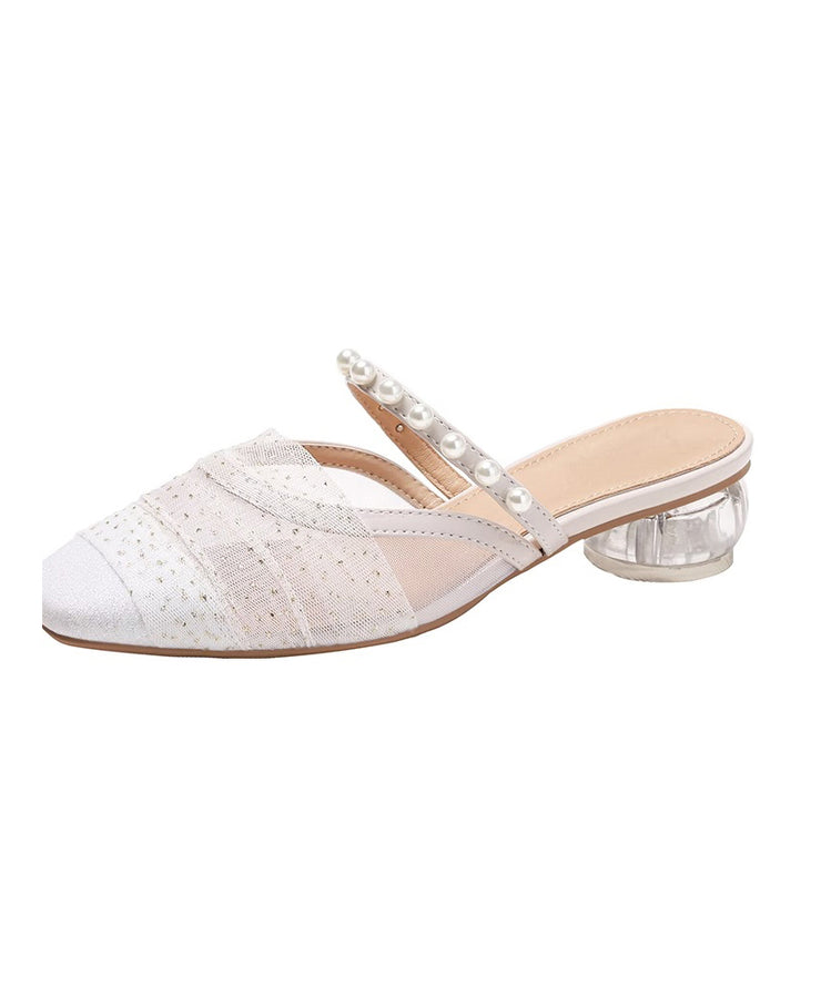 Stylish Splicing Chunky Beige Nail Bead Tulle Slide Sandals
