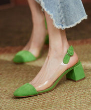 Stylish Splicing Clear Chunky High Heels Green Velour