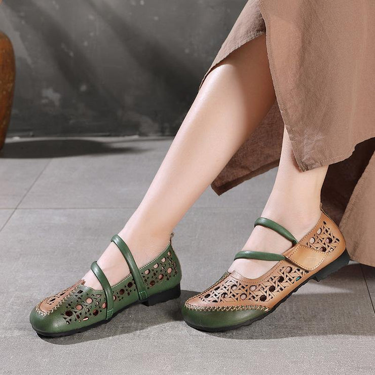 Stylish Splicing Loafers Green Genuine Leather Flat Sandals - SooLinen