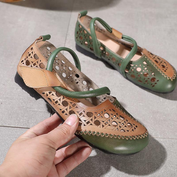 Stylish Splicing Loafers Green Genuine Leather Flat Sandals - SooLinen