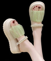 Stylish Splicing Platform Slide Sandals Peep Toe Green Tulle Nail Bead