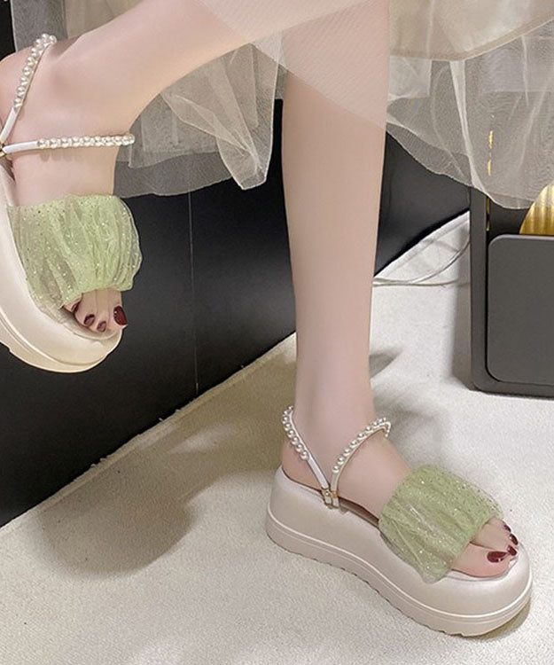 Stylish Splicing Platform Slide Sandals Peep Toe Green Tulle Nail Bead
