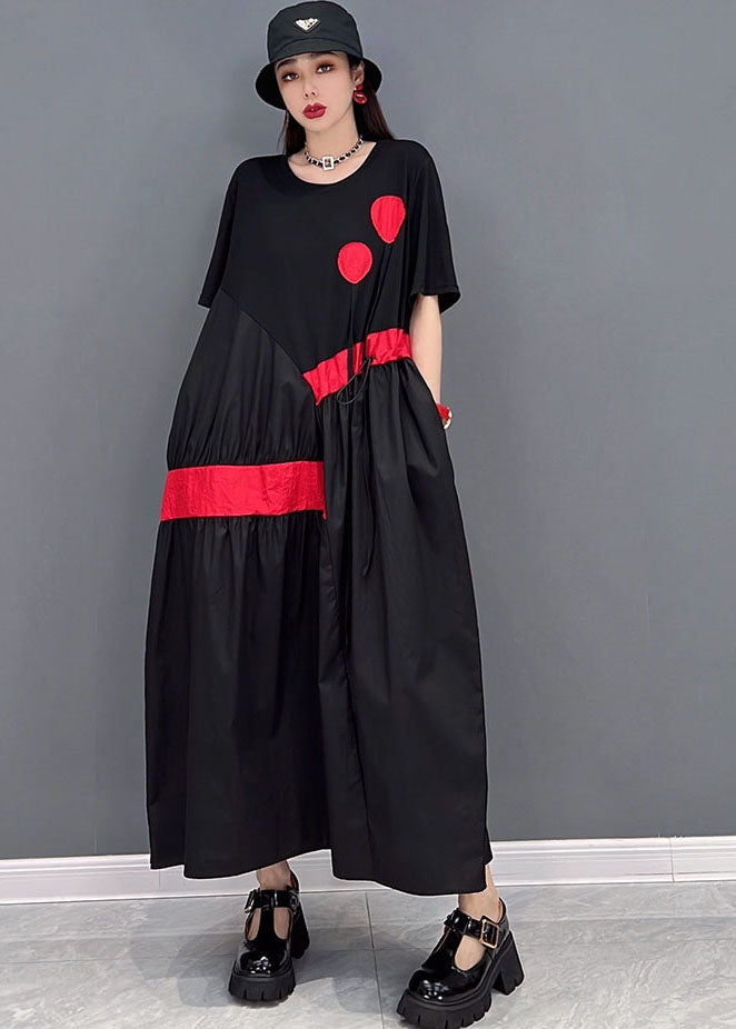 Stylish Streetwear Black Drawstring Asymmetrical Patchwork Cotton Pleated Dresses Short Sleeve
