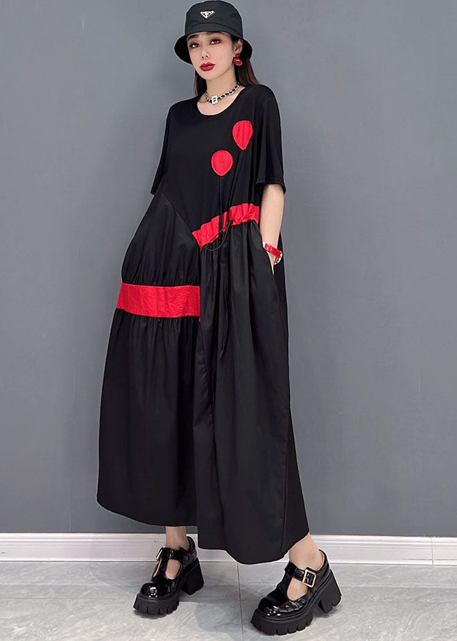 Stylish Streetwear Black Drawstring Asymmetrical Patchwork Cotton Pleated Dresses Short Sleeve