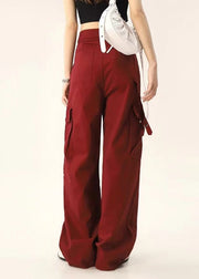 Stylish Streetwear Red Pockets High Waist Denim Pants Spring