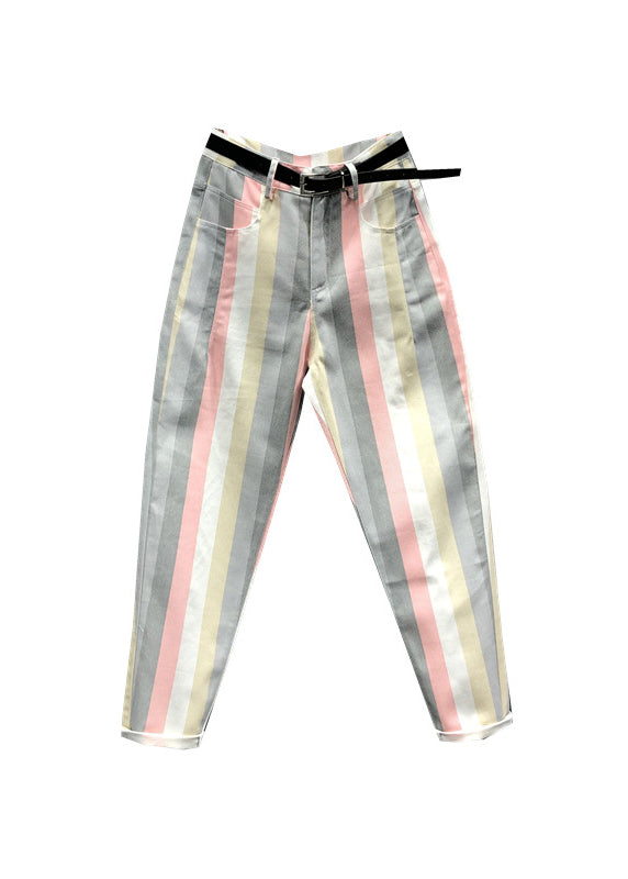Stylish Striped Pockets Patchwork High Waist Denim Pants Fall