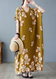Stylish V Neck Print Cotton Beach Maxi Dresses Short Sleeve