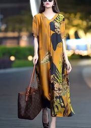 Stylish V Neck Print Vacation Silk Dresses Short Sleeve