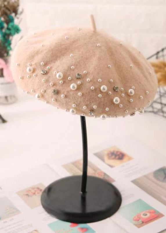 Stylish Versatile Pink Nail Bead Woolen Beret Hat