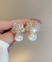 Stylish White Alloy Pearl Zircon Floral Stud Earrings
