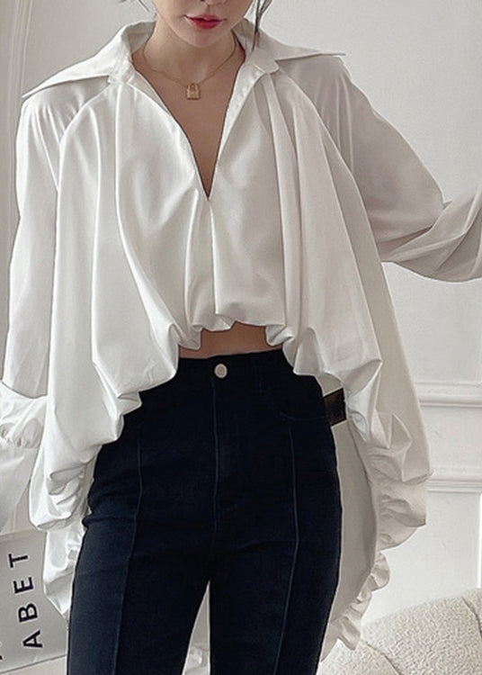 Stylish White Asymmetrical Wrinkled Cotton Shirts Lantern Sleeve