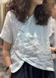 Stylish White Chinese Button Asymmetrical Patchwork Cotton Top Summer