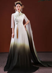 Stylish White Gradient Color Embroidered Patchwork Silk Long Dress Half Sleeve