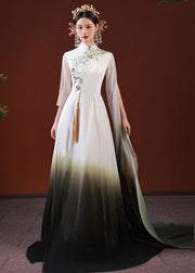 Stylish White Gradient Color Embroidered Patchwork Silk Long Dress Half Sleeve