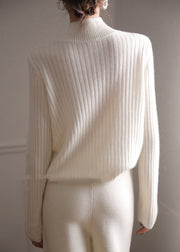 Stylish White Hign Neck Button Cashmere Sweater Tops Spring