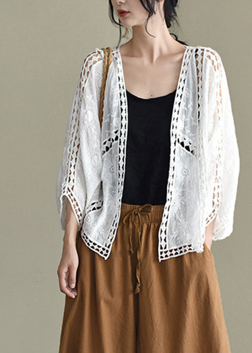 Stylish White Hollow Out Embroidered Loose Cardigans Batwing Sleeve