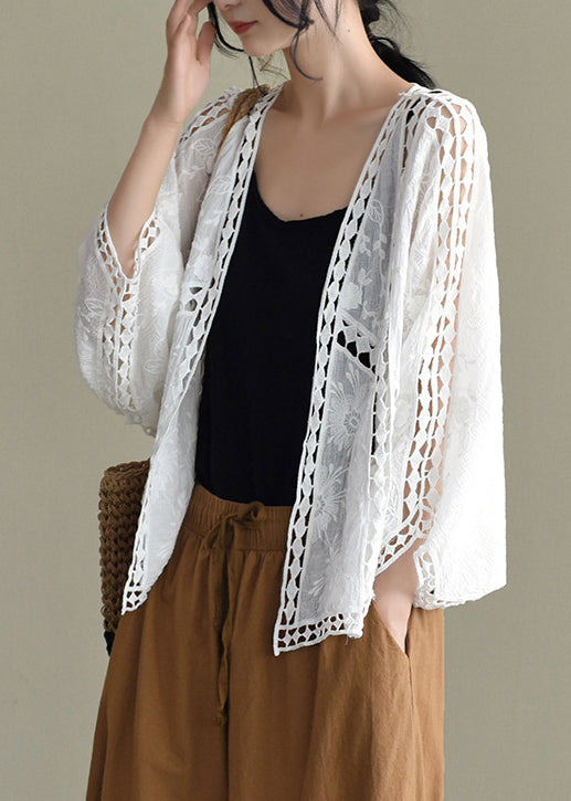 Stylish White Hollow Out Embroidered Loose Cardigans Batwing Sleeve