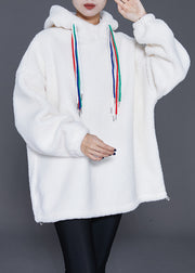 Stylish White Hooded Drawstring Faux Fur Sweatshirts Top Winter