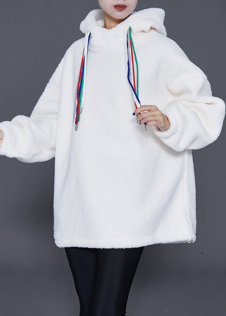 Stylish White Hooded Drawstring Faux Fur Sweatshirts Top Winter