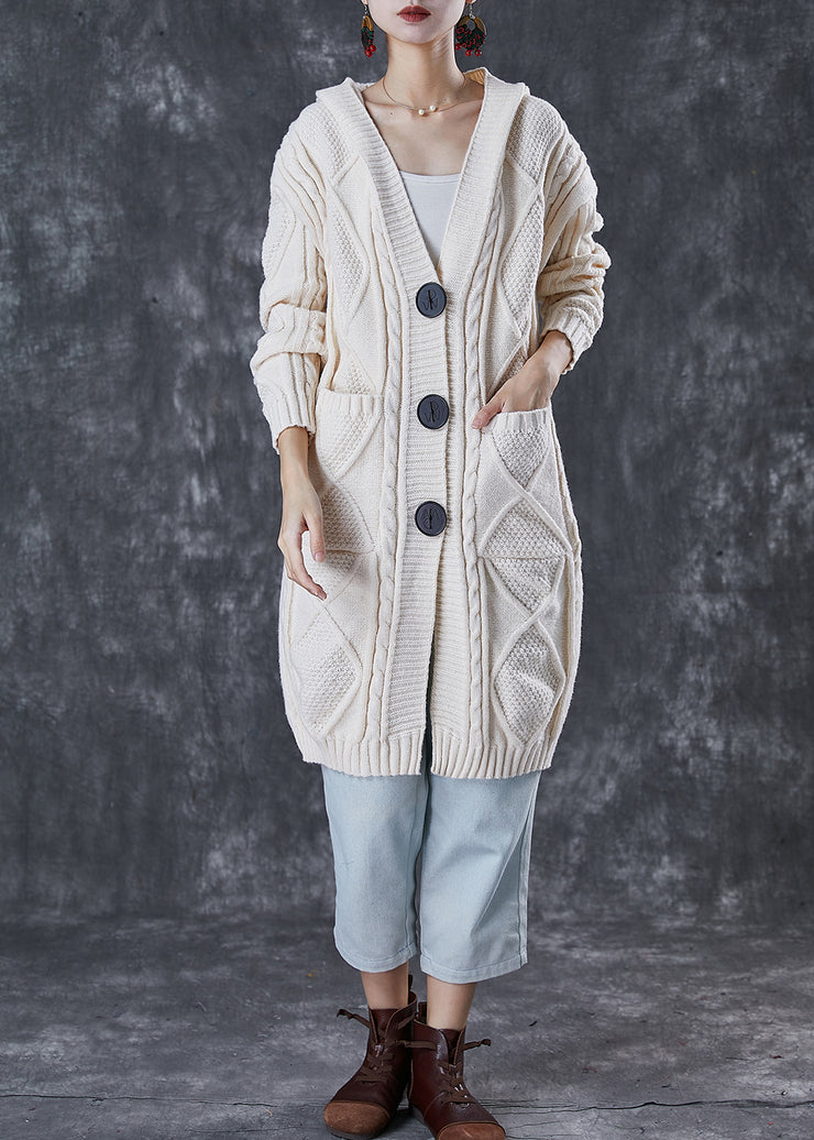 Stylish White Hooded Pockets Cable Knit Coats Winter