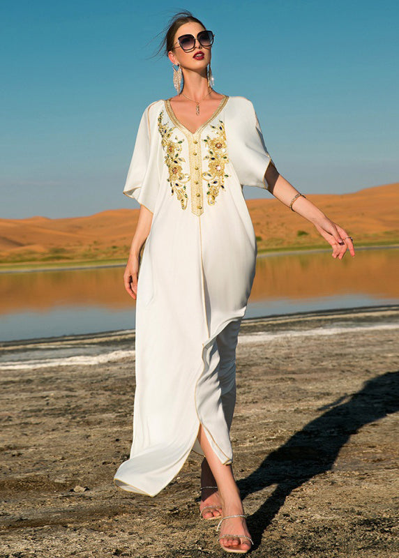 Stylish White Lace Patchwork Embroidered Zircon Silk Maxi Dresses Summer