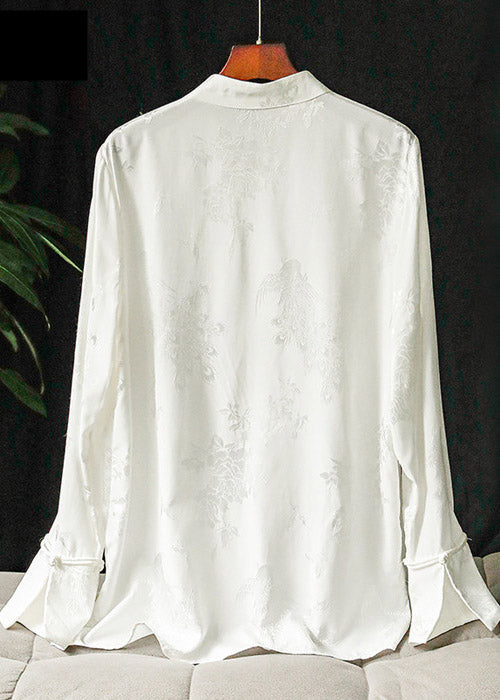 Stylish White Mandarin Collar Button Silk Shirt Long Sleeve