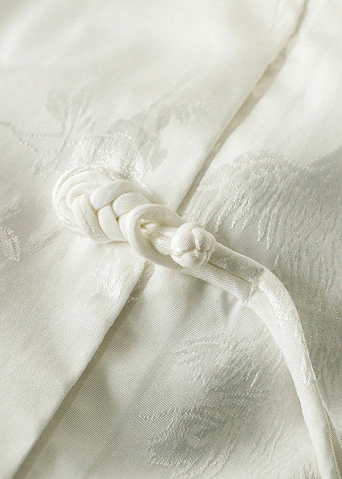 Stylish White Mandarin Collar Button Silk Shirt Long Sleeve