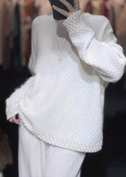 Stylish White O Neck Jacquard Patchwork Woolen Sweaters Fall