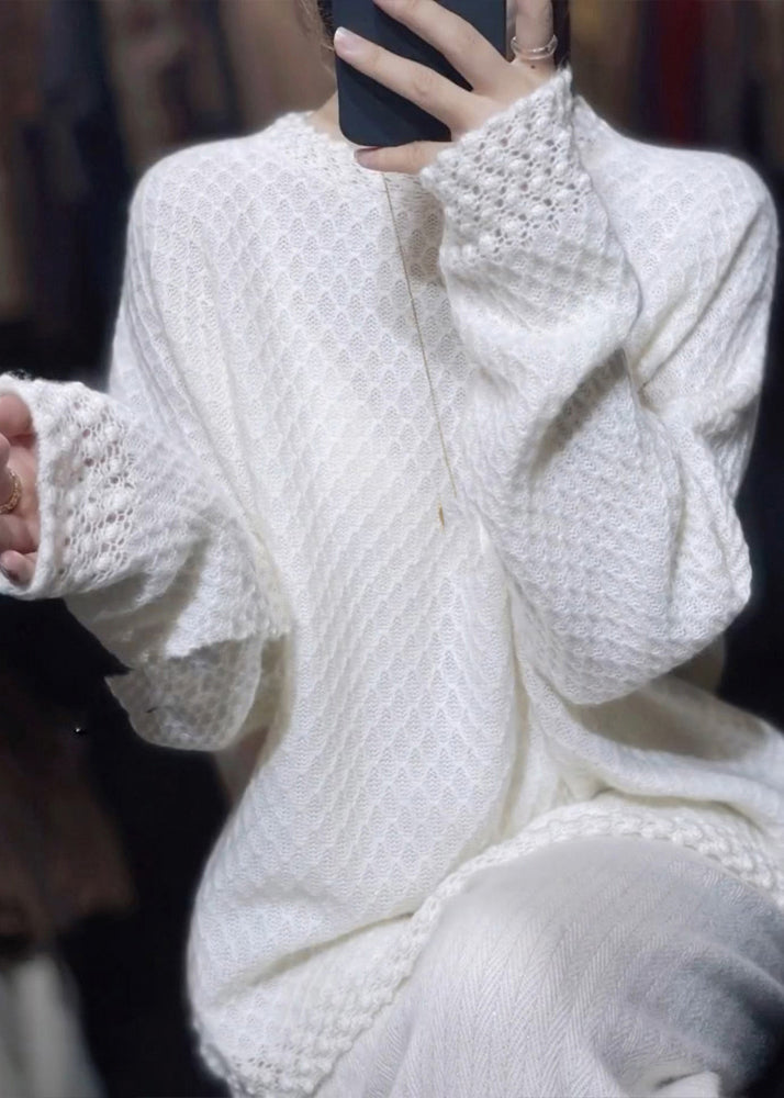 Stylish White O Neck Jacquard Patchwork Woolen Sweaters Fall