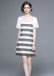 Stylish White O-Neck Zircon Tulle Patchwork Lace Mid Dress Summer