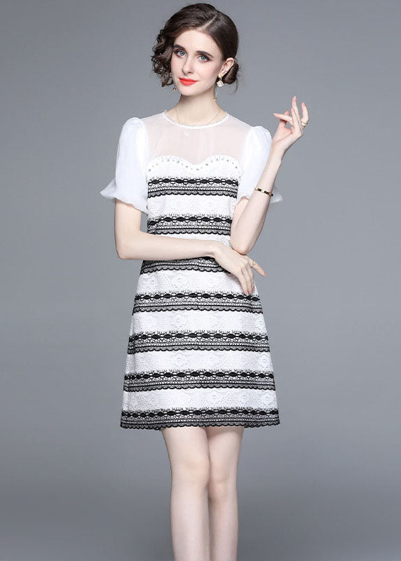 Stylish White O-Neck Zircon Tulle Patchwork Lace Mid Dress Summer