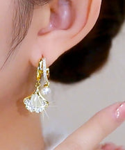 Stylish White Overgild Pearl Zircon Ginkgo Leaf Hoop Earrings