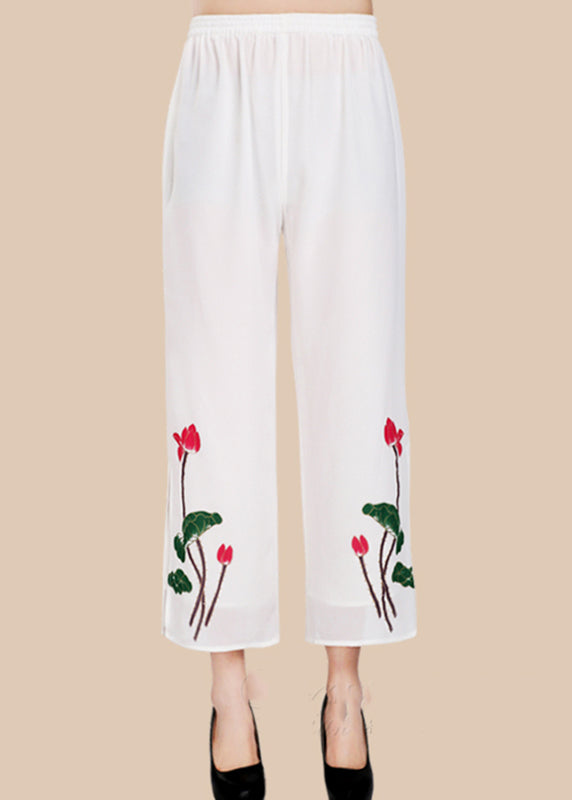 Stylish White Pockets Print Wide Leg Pants Summer