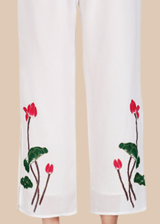 Stylish White Pockets Print Wide Leg Pants Summer
