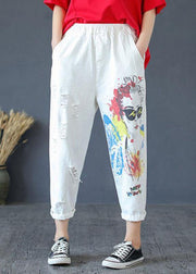 Stylish White Print High Waist Hole Harem Cotton Pants - SooLinen